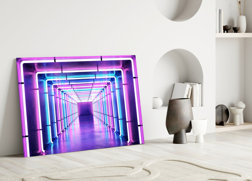 Neon stage tunnel cinematic glass wall art over master-bedroom headboard