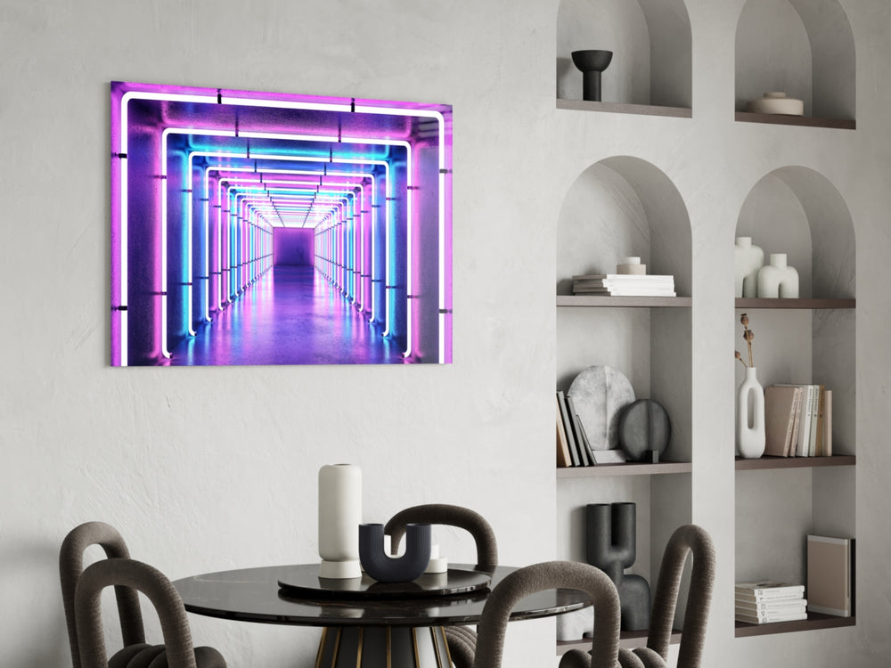 One-point-perspective neon glass wall art in tasteful boys' bedroom