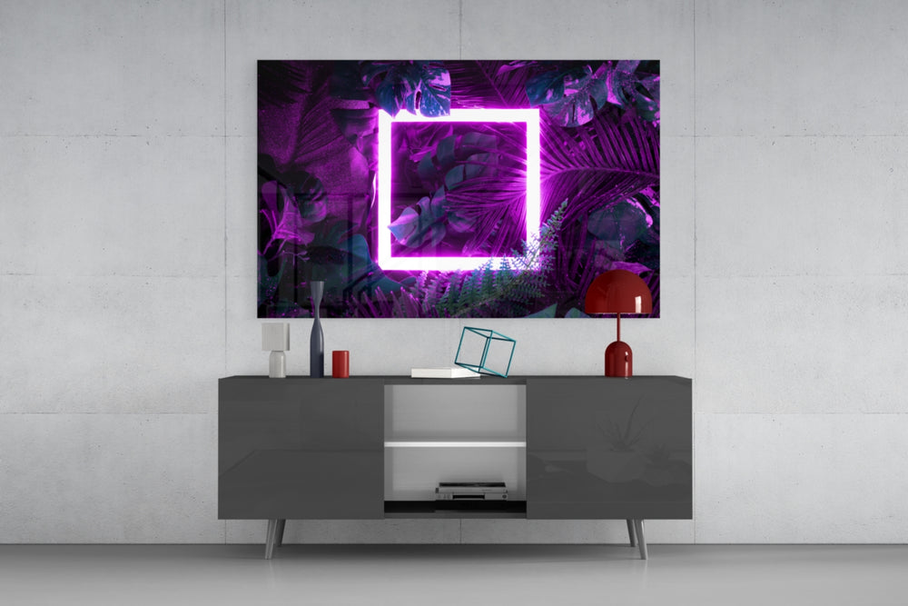 Backlit jungle-square cinematic glass wall art in nightclub-style home bar