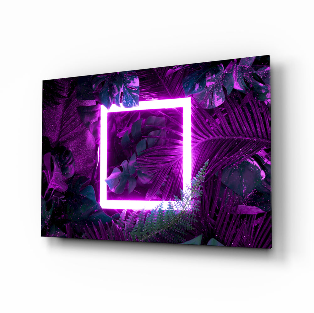 Neon jungle square cinematic glass wall art above black media console