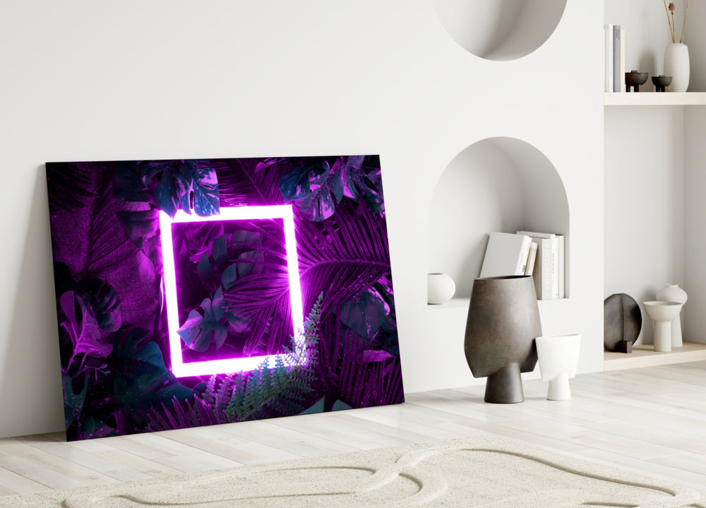 Tropical-modern neon-square cinematic glass wall art in hospitality lounge entry