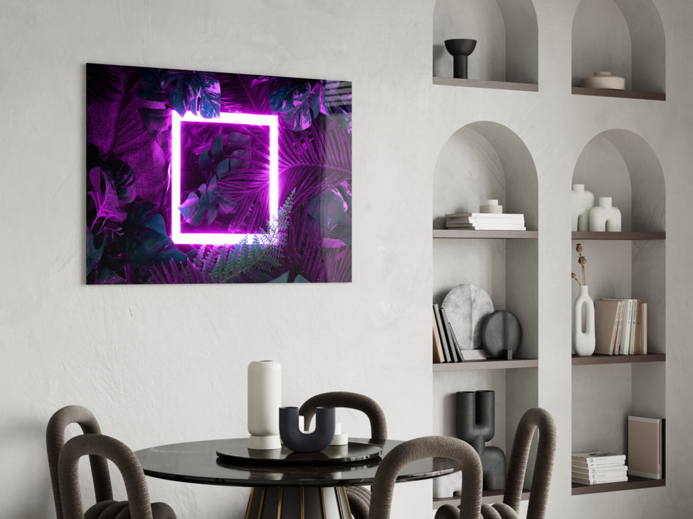 Magenta jungle cinematic glass wall art over master-bedroom headboard