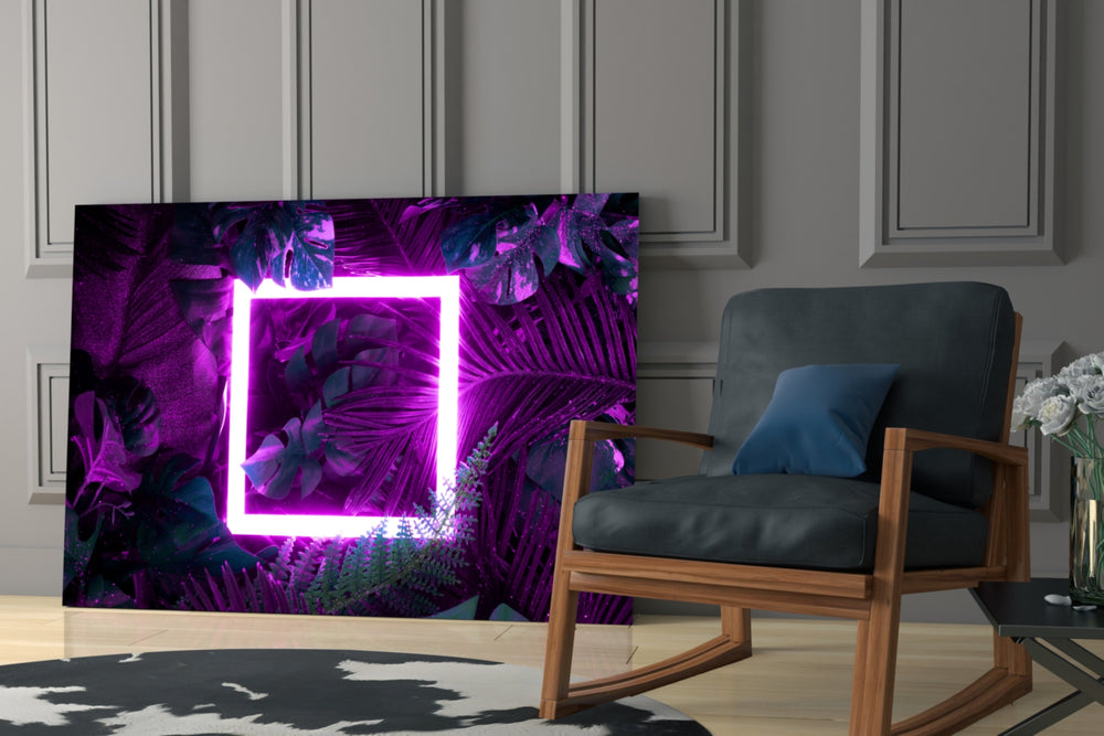 Synthwave palm-and-monstera cinematic glass wall art in designer hallway