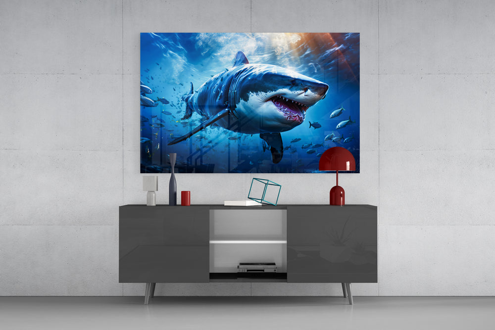 Predator cinematic glass wall art over modern bar cabinet