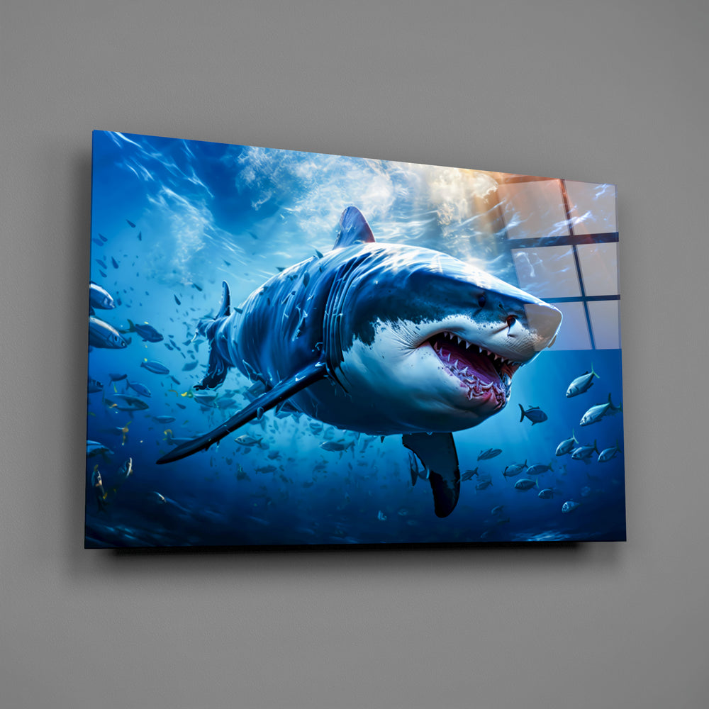 Marine shark photography glass wall art over walnut console in maritime study