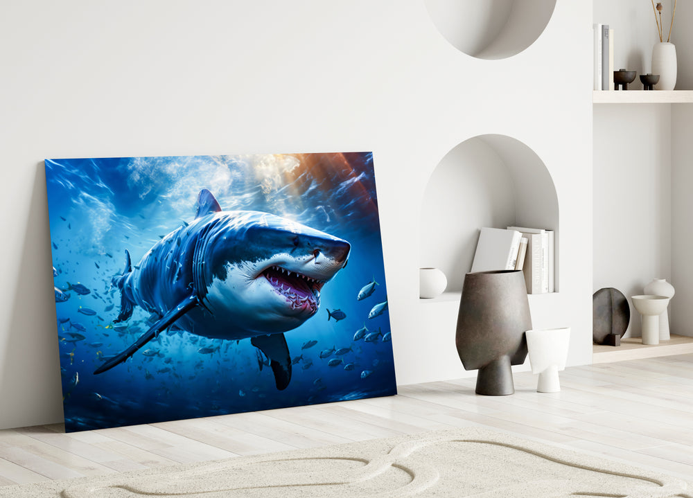 Documentary shark cinematic glass wall art in tasteful boys' bedroom