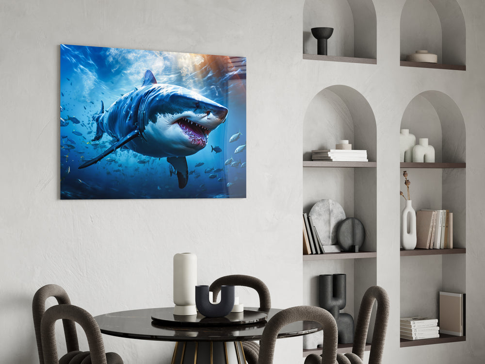 Cobalt-water shark cinematic glass wall art over master-bedroom headboard