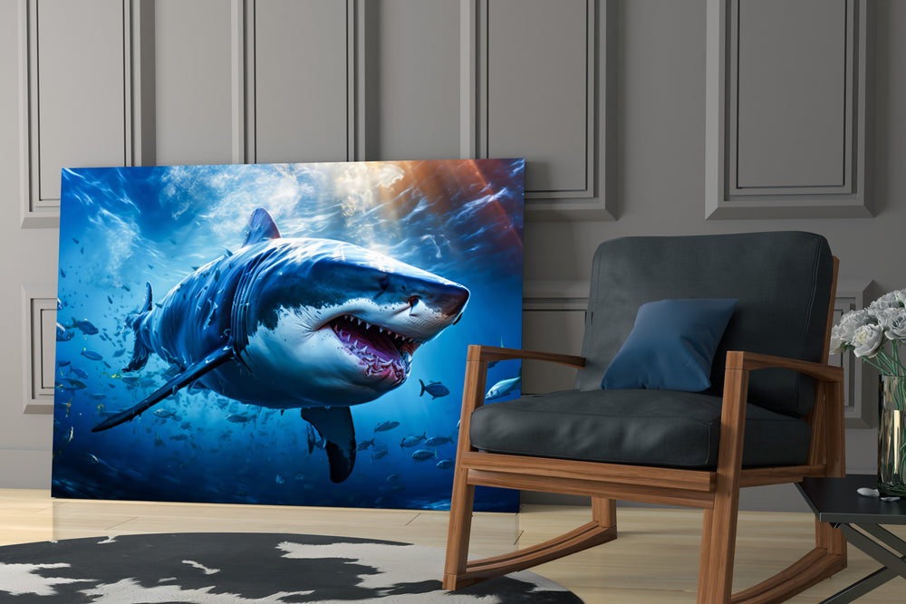Discovery-channel shark cinematic glass wall art in study reading nook