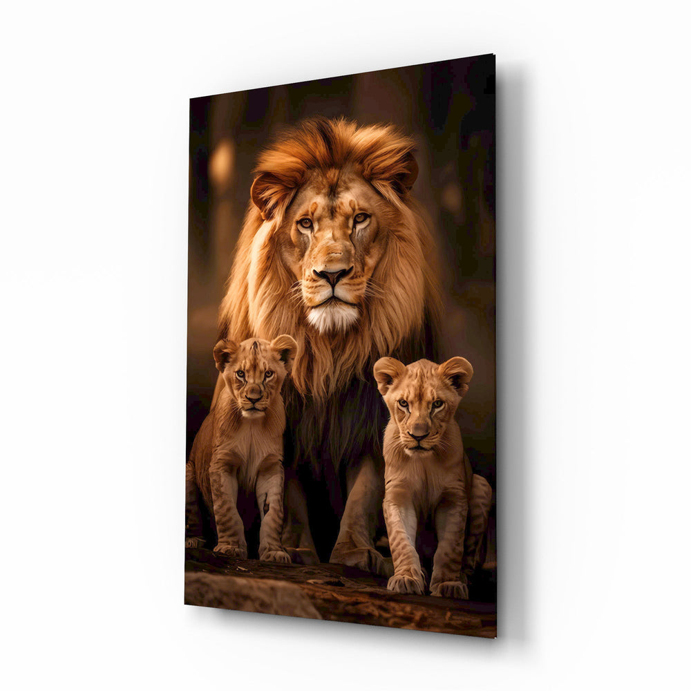 Lion King with cubs cinematic glass wall art over walnut console in designer family room