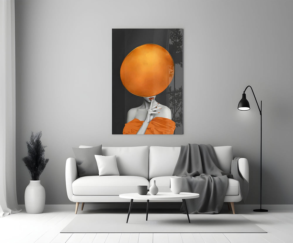 Magritte-style surreal cinematic glass wall art beside master-bedroom dressing table