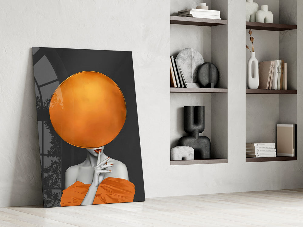 Tangerine head cinematic glass wall art over modern bar console