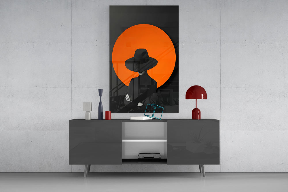 Wide-brim hat cinematic glass wall art in glamorous powder-room