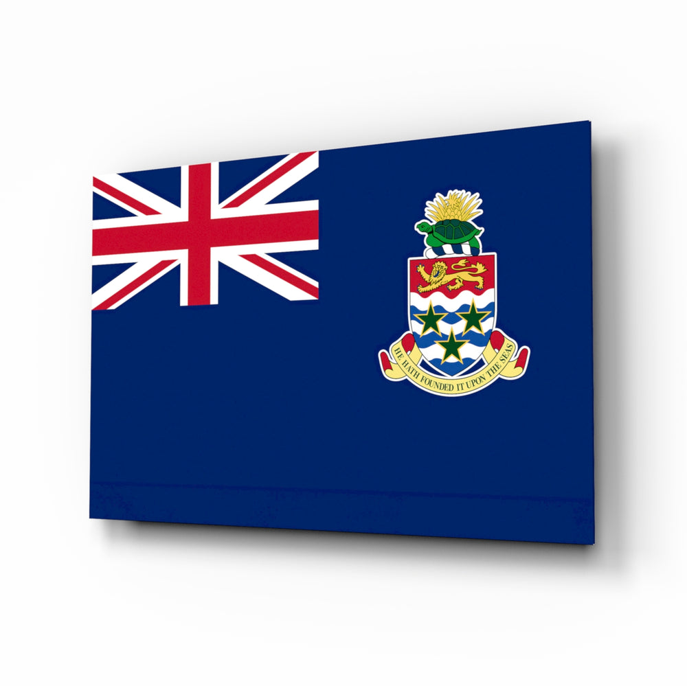 Cayman Islands flag cinematic glass wall art over walnut console in Caymanian-heritage home