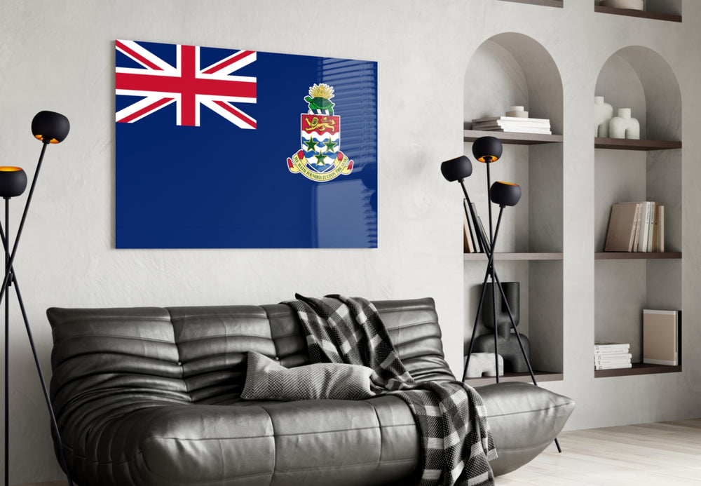 Turtle-crest flag cinematic glass wall art in Caribbean-themed family room