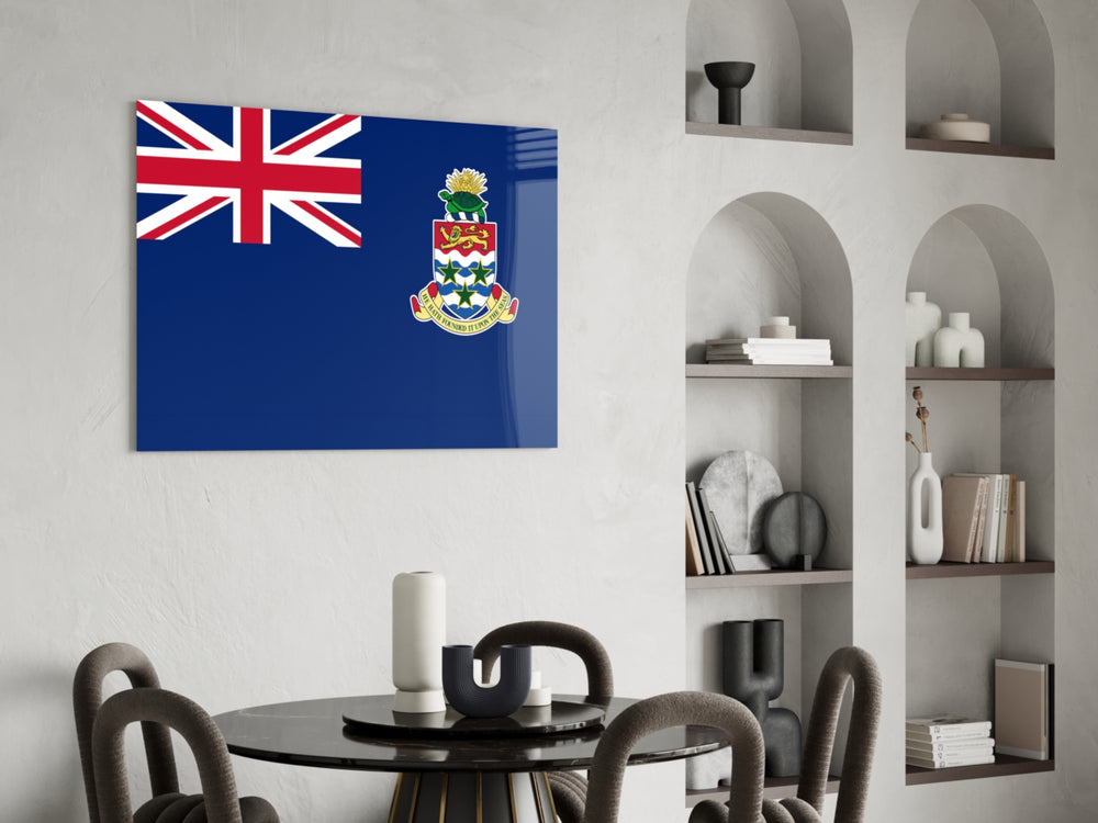 Caymanian flag cinematic glass wall art over modern dining sideboard