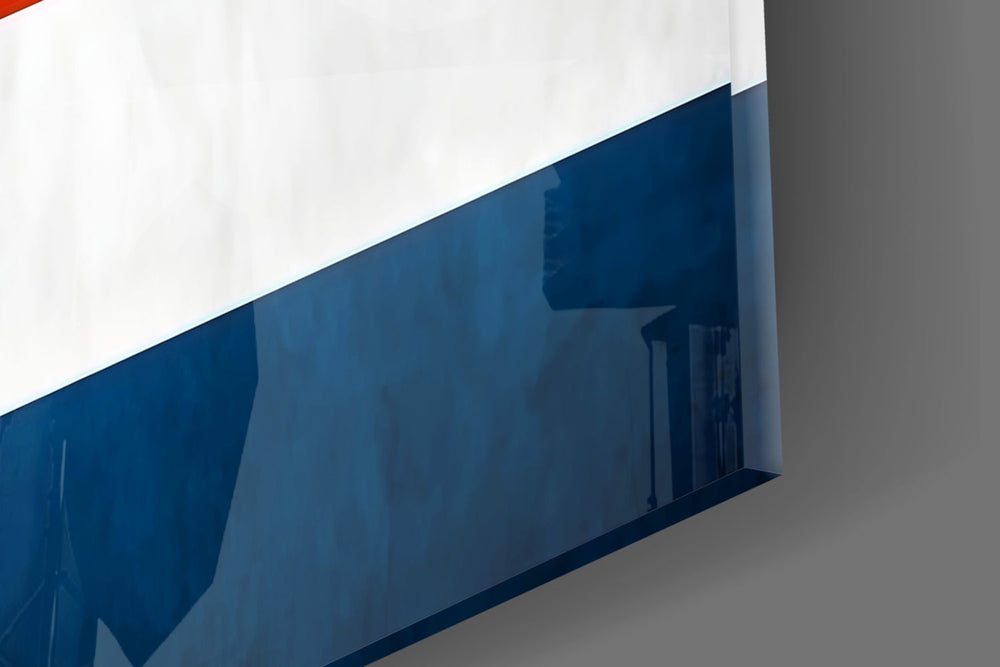 Grunge cobalt-and-scarlet cinematic glass wall art in sports-viewing lounge