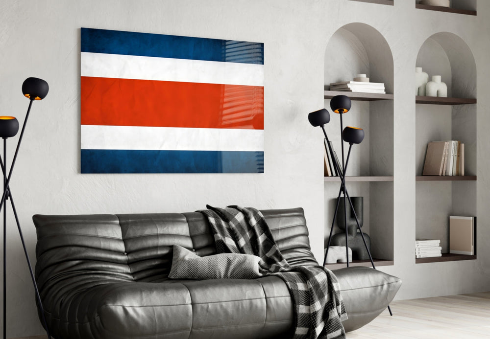 Costa Rican flag cinematic glass wall art in tropical-themed family room