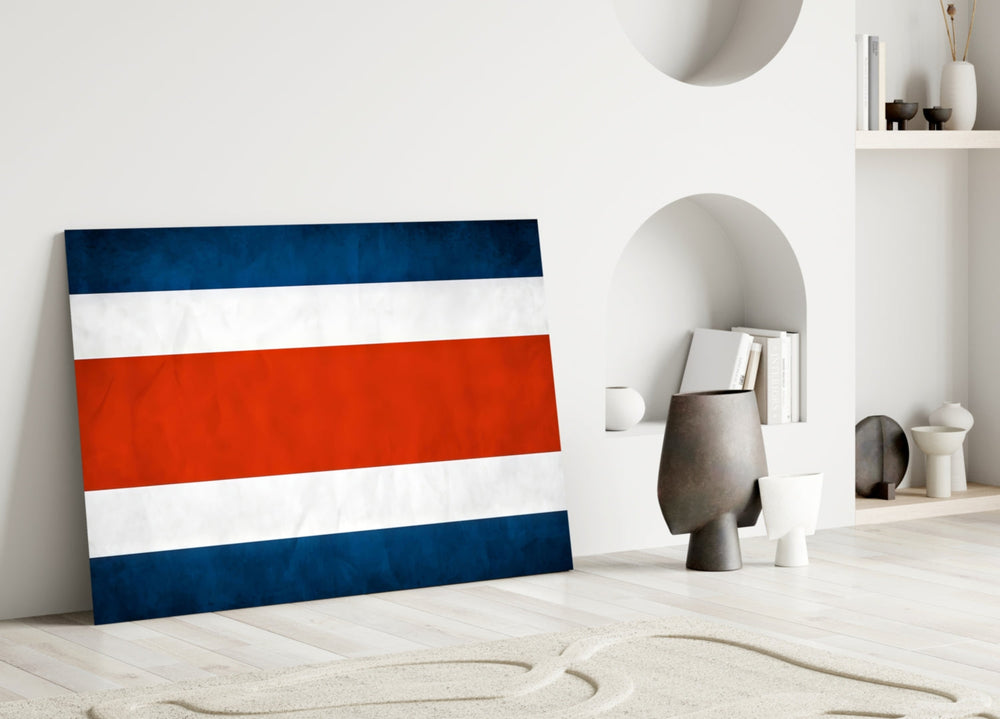 Weathered-flag cinematic glass wall art in heritage stairwell