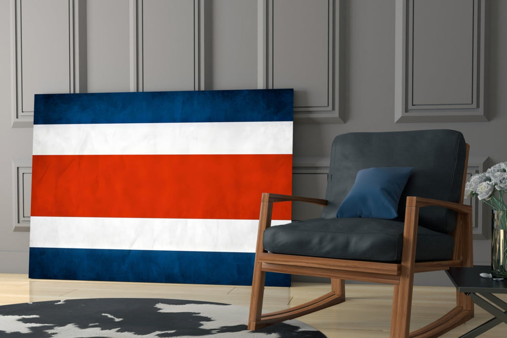 Plaster-grunge flag cinematic glass wall art in boutique cafe
