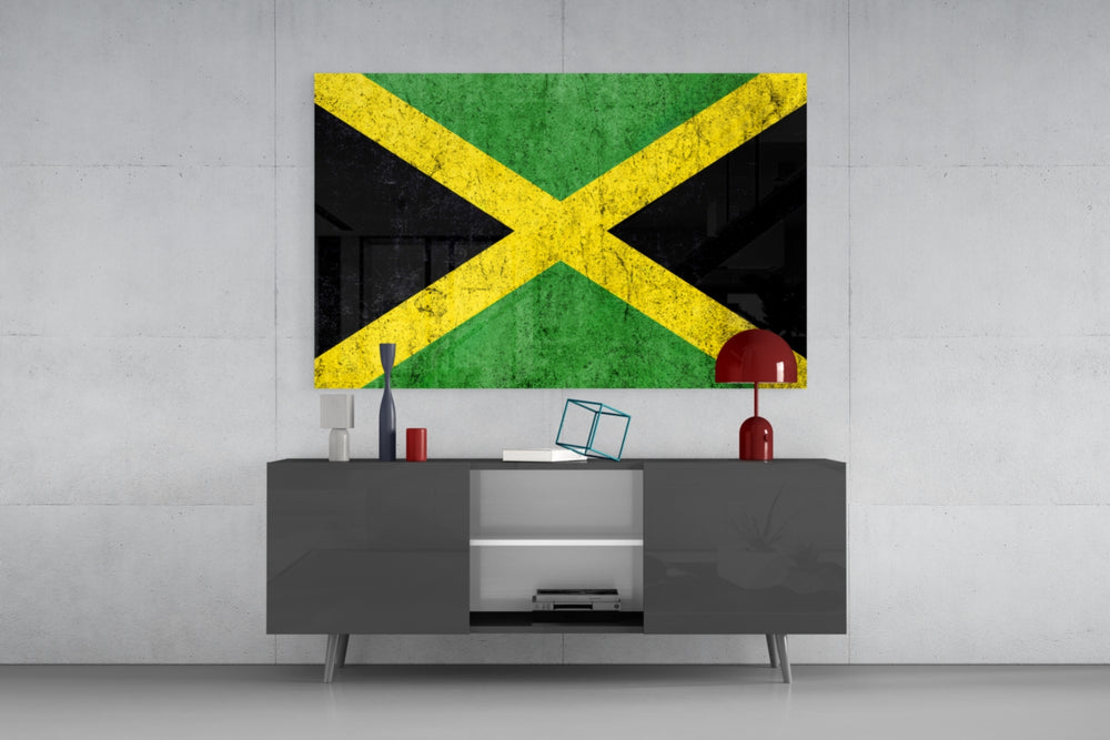 Emerald-and-onyx flag cinematic glass wall art in private library
