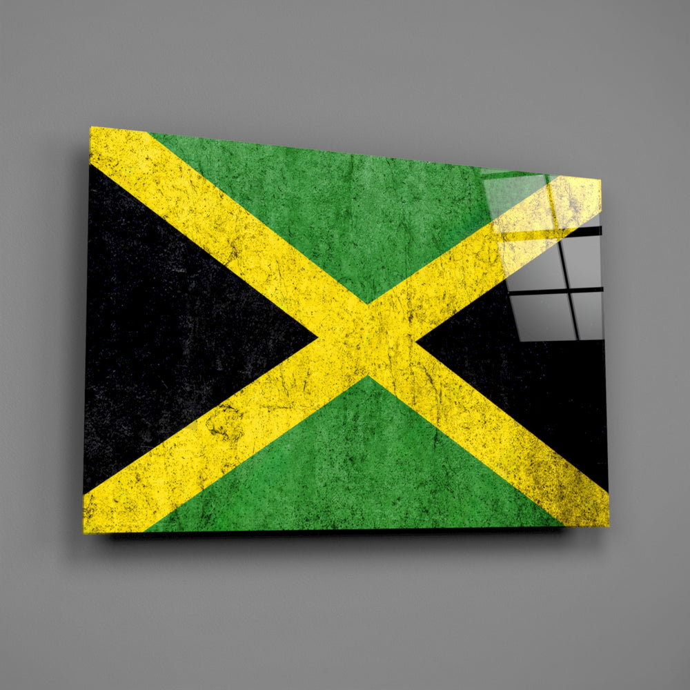 Reggae-patriotic cinematic glass wall art in reggae-bar lounge