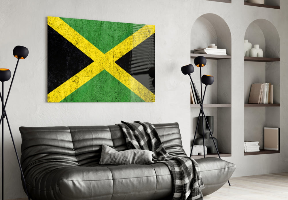 Jamaican flag cinematic glass wall art in tropical-themed family room