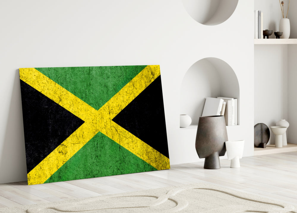 Weathered-flag cinematic glass wall art in heritage stairwell