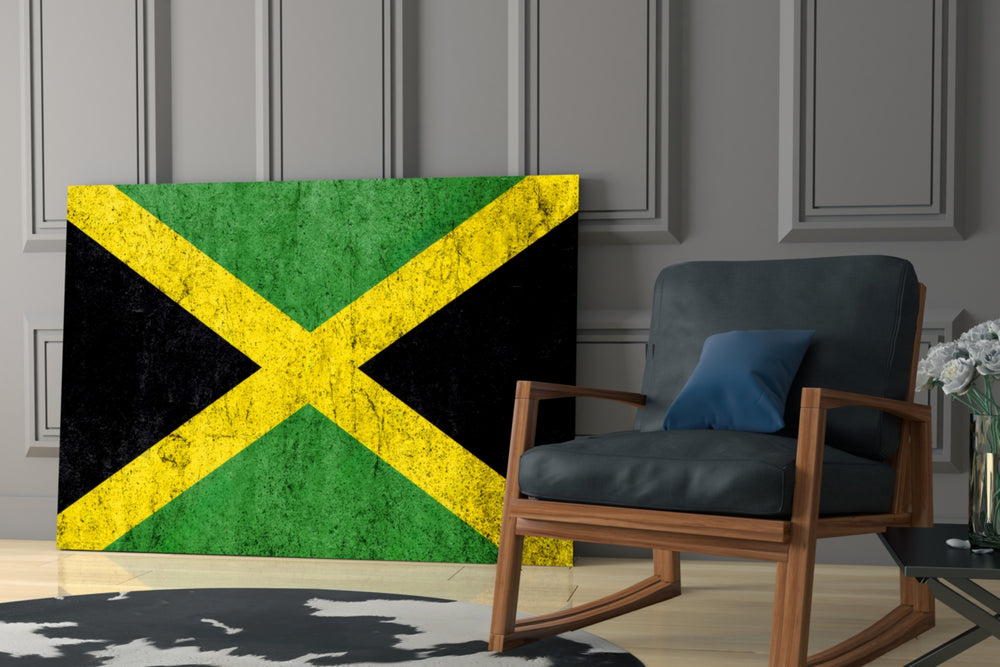Plaster-grunge flag cinematic glass wall art in boutique cafe