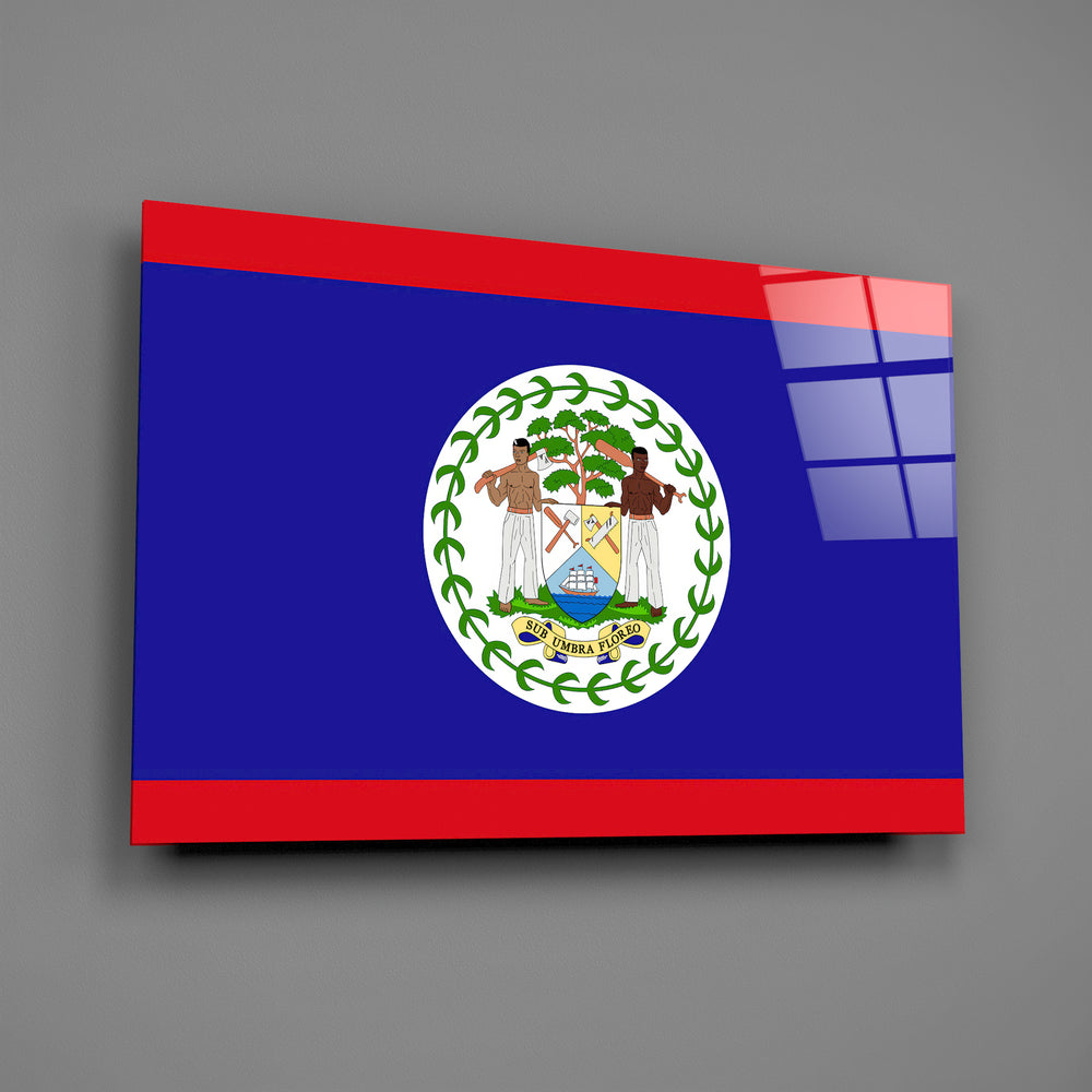 Caribbean diplomat-office cinematic glass wall art with Belize coat-of-arms