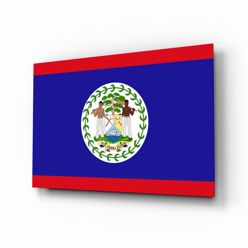 Belize flag cinematic glass wall art over walnut console in Belizean-heritage home