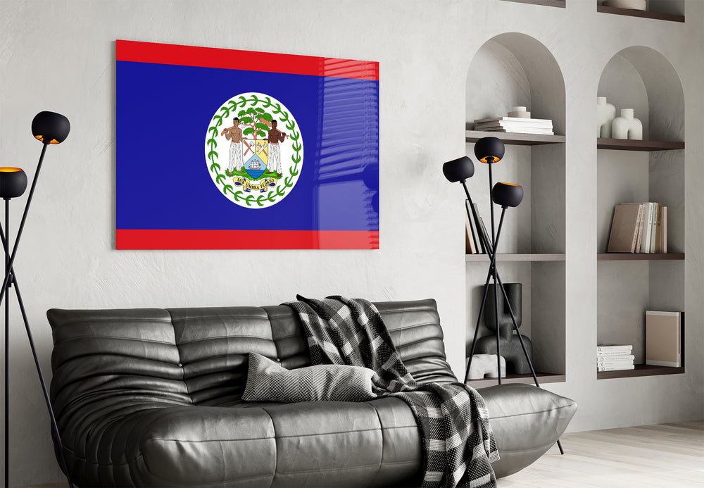 Belizean flag cinematic glass wall art in tropical-themed family room