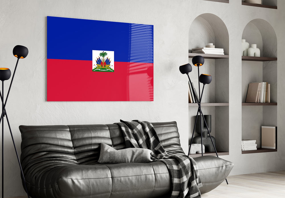 Haitian flag cinematic glass wall art in tropical-themed family room