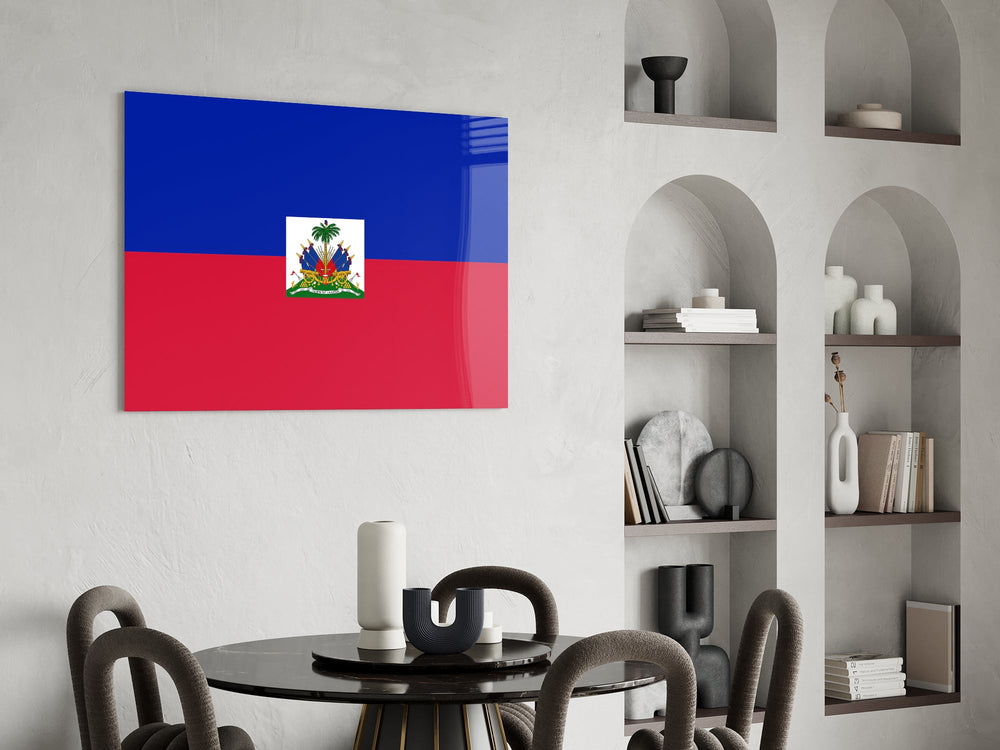 Royal-palm coat-of-arms cinematic glass wall art over modern dining sideboard