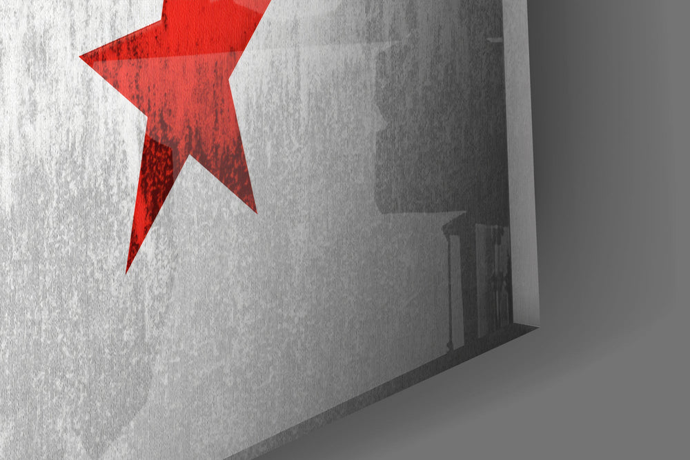 Grunge cobalt-and-scarlet cinematic glass wall art in sports-viewing lounge