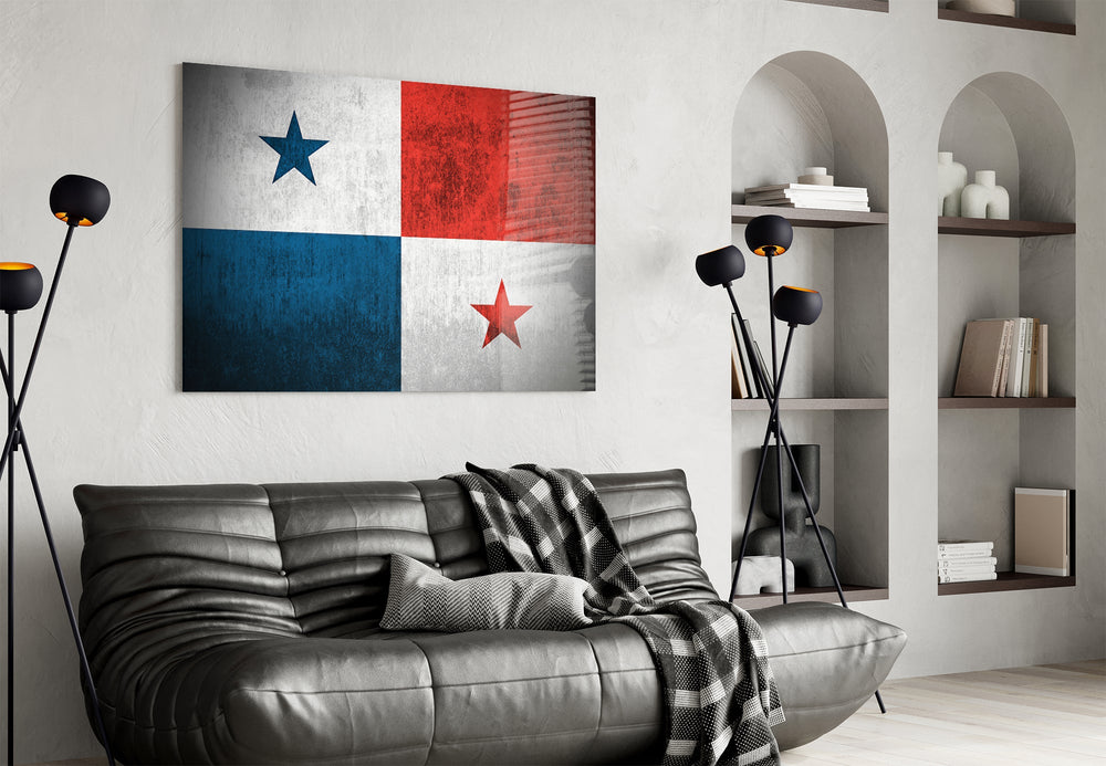 Panamanian flag cinematic glass wall art in tropical-themed family room