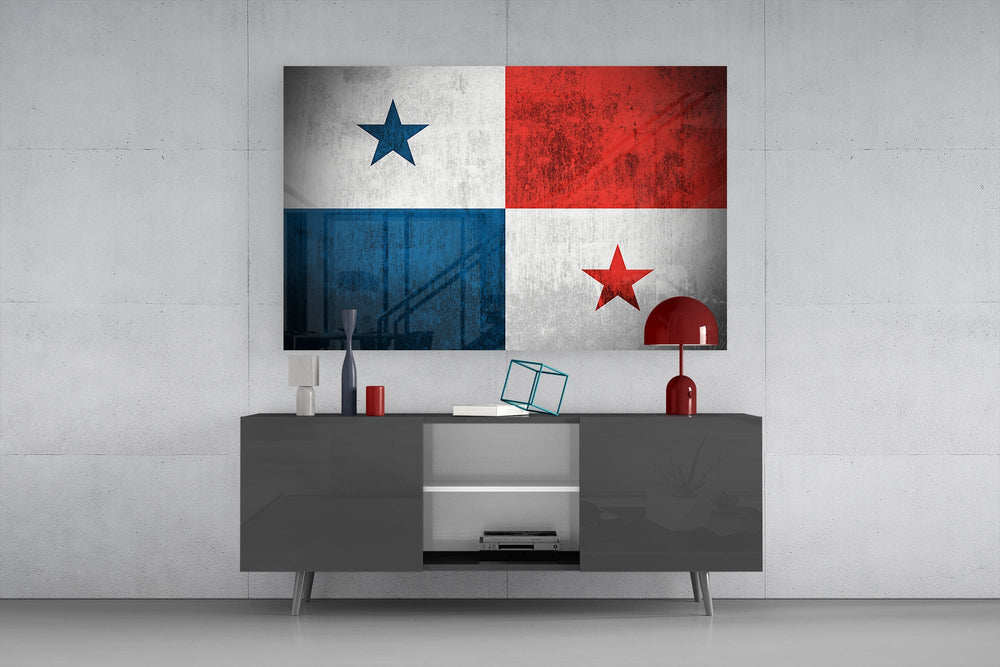 Four-quadrant flag cinematic glass wall art in private library