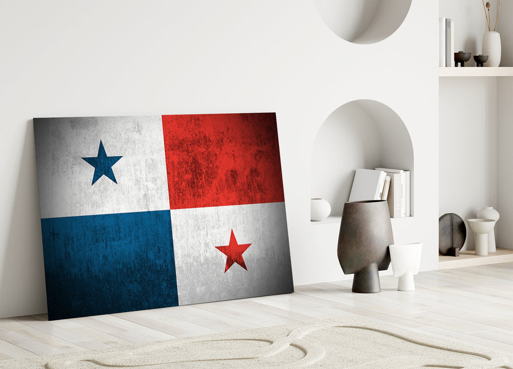Weathered-flag cinematic glass wall art in heritage stairwell