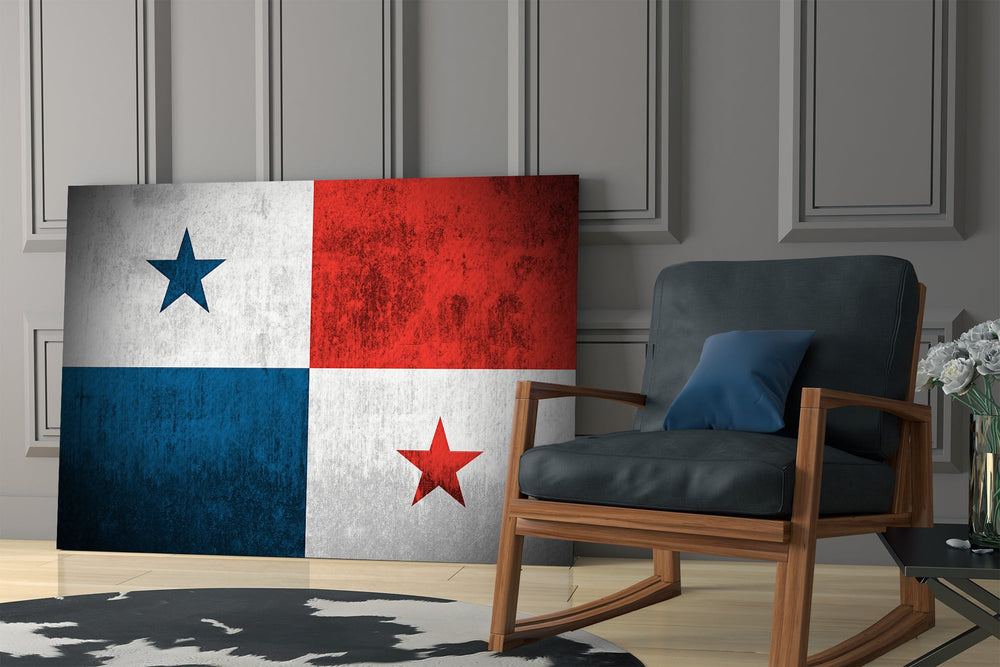 Plaster-grunge flag cinematic glass wall art in boutique cafe