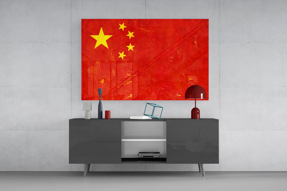 Scarlet-and-gold flag cinematic glass wall art in private library