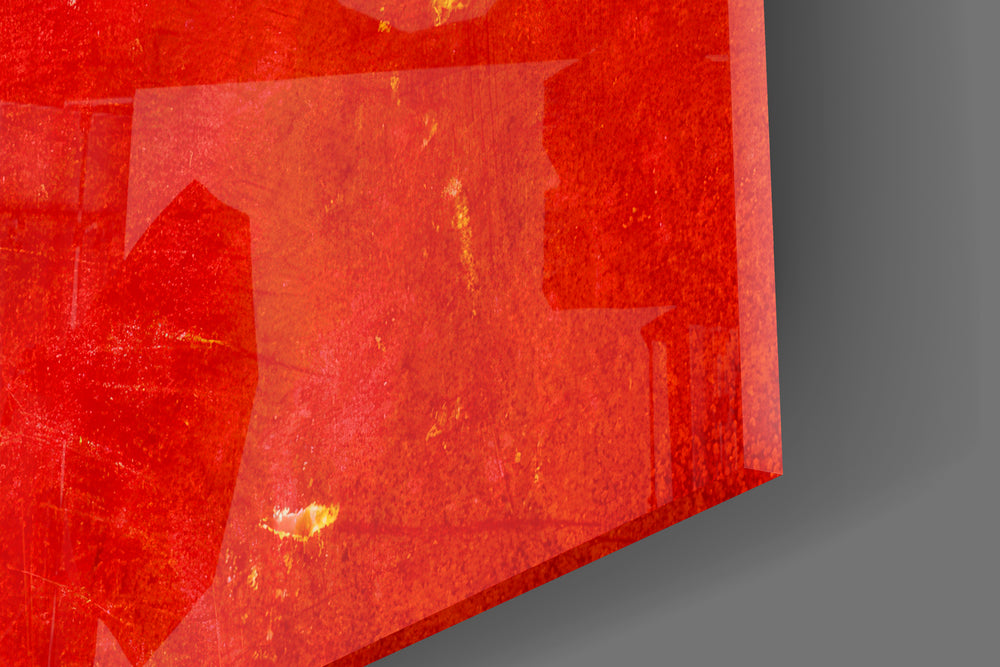Grunge scarlet-and-gold cinematic glass wall art in martial-arts dojo entry