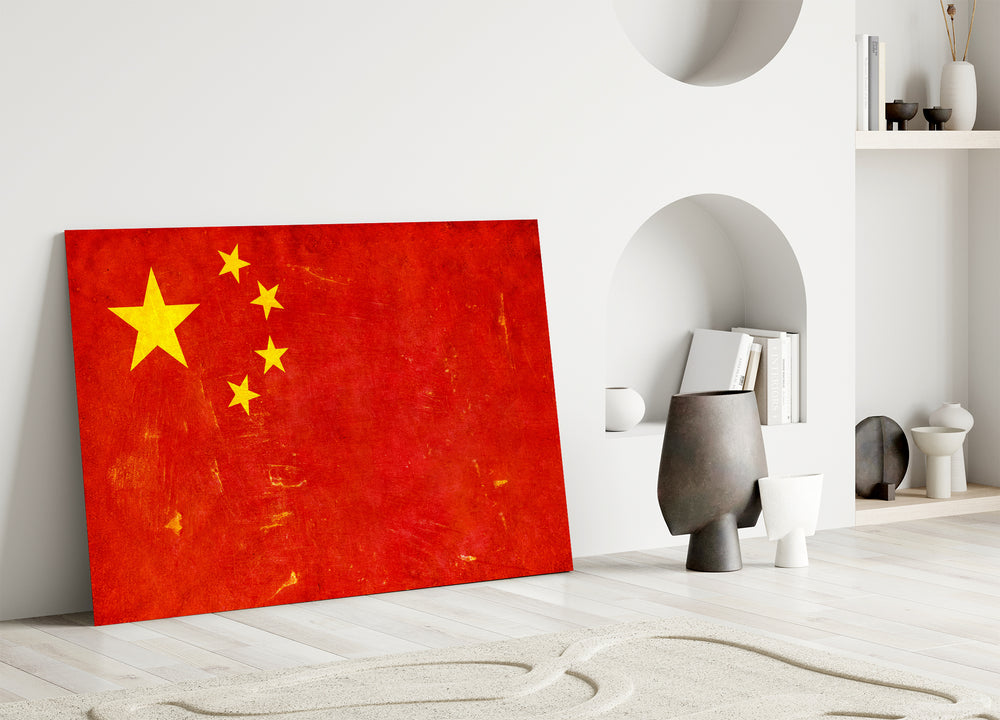 Weathered-flag cinematic glass wall art in heritage stairwell
