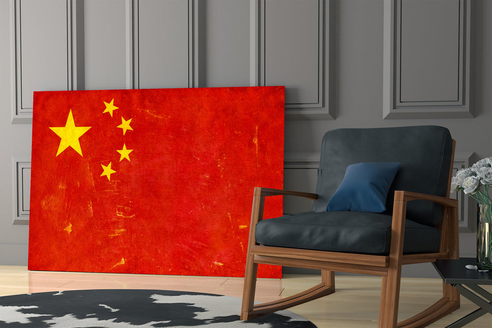 Plaster-grunge flag cinematic glass wall art in boutique tea house
