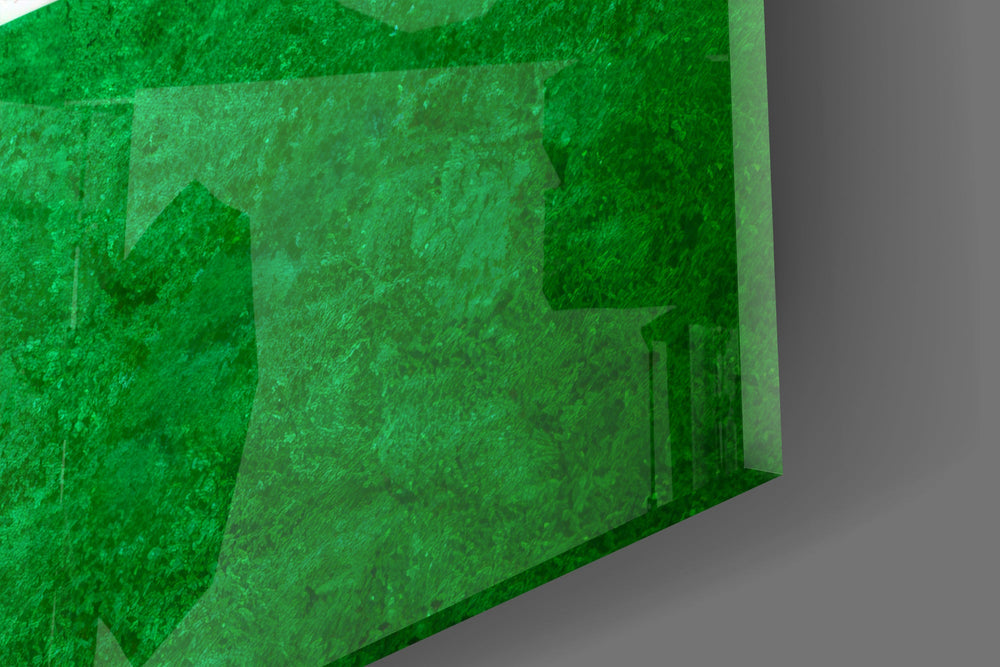 Grunge scarlet-and-emerald cinematic glass wall art in Central-European lounge