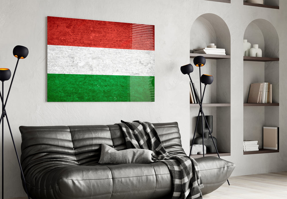 Hungarian flag cinematic glass wall art in heritage-themed family room