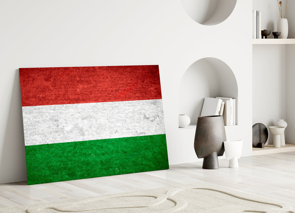 Weathered-flag cinematic glass wall art in heritage stairwell