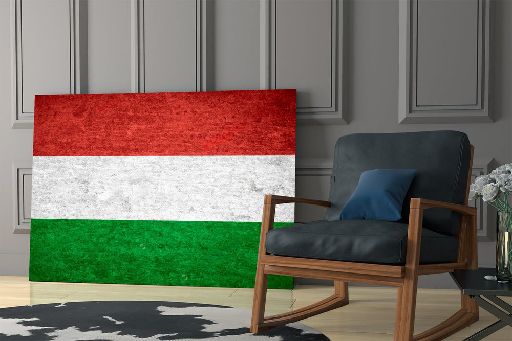 Plaster-grunge flag cinematic glass wall art in boutique cafe