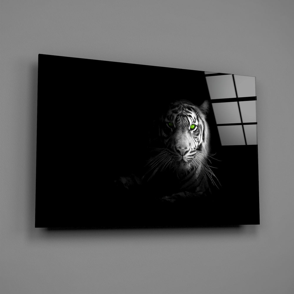 Apex-predator wildlife cinematic glass wall art in luxury-watch boutique entry