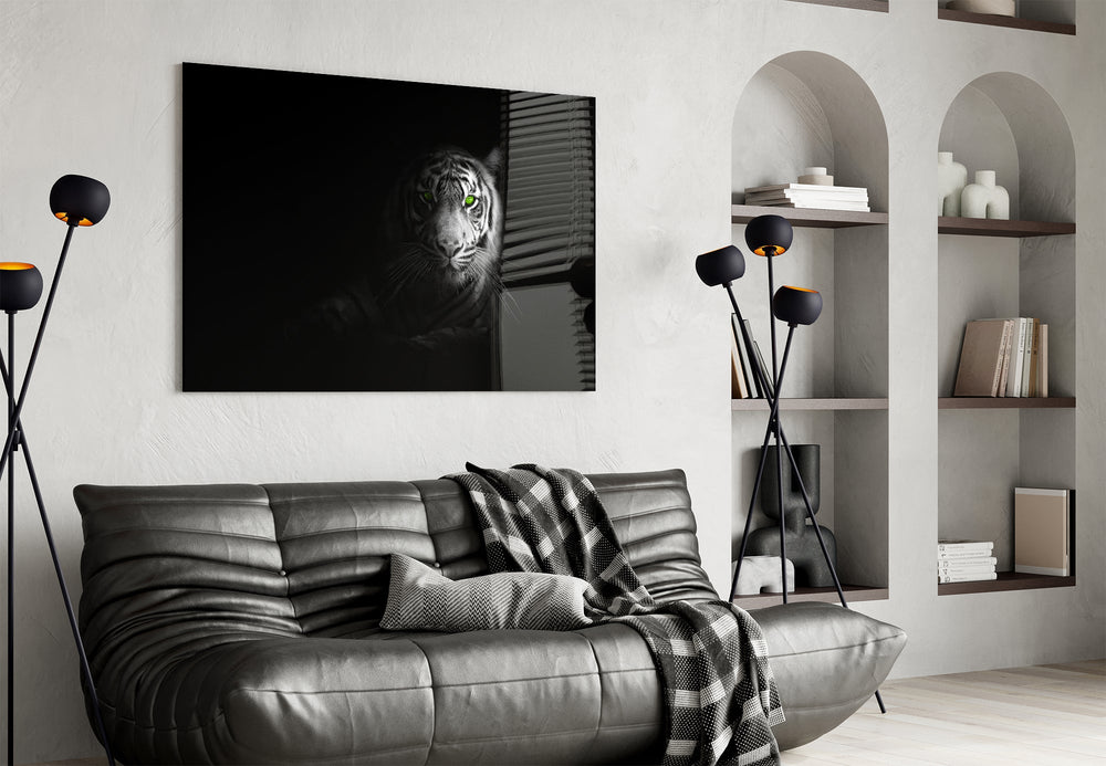Noir wildlife portrait cinematic glass wall art in private library
