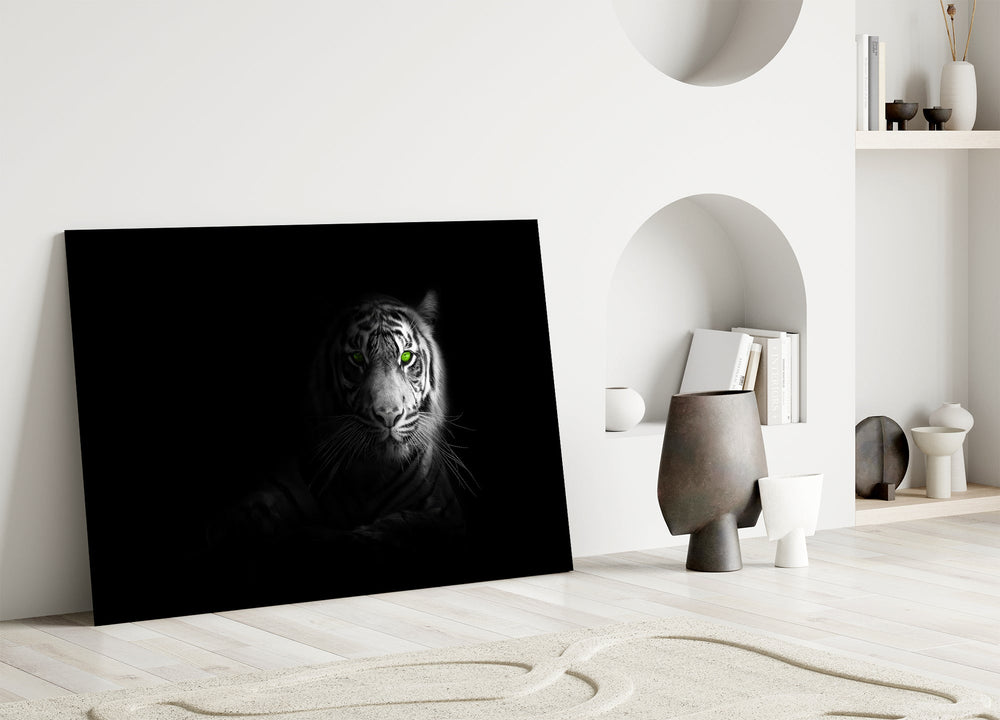Emerald-eye tiger cinematic glass wall art in heritage stairwell