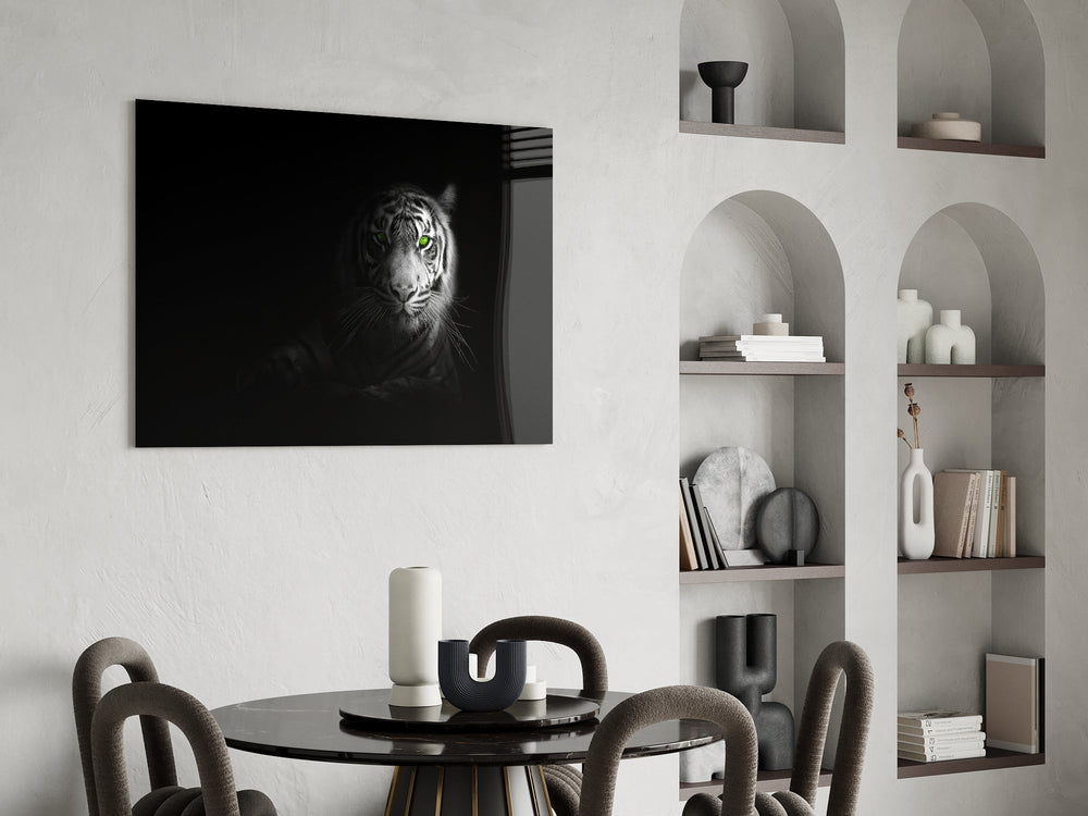 Black-and-white tiger cinematic glass wall art over modern dining sideboard